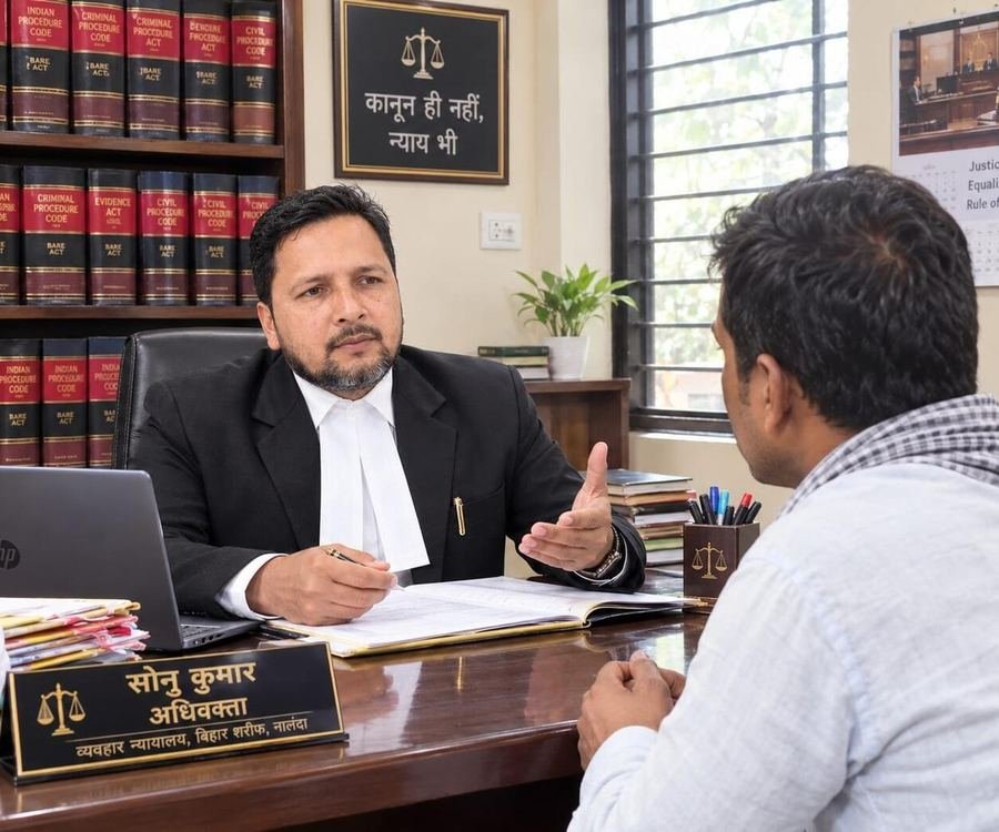 Advocate Sonu Kumar consulting with a client at his desk